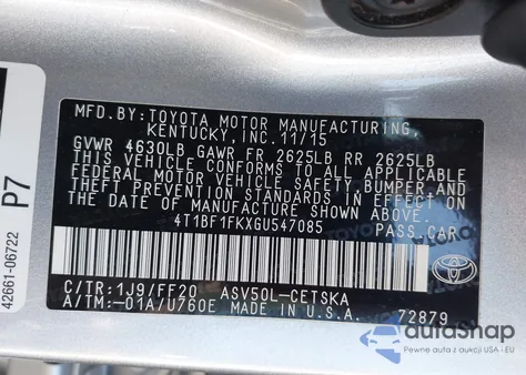 2016 Toyota Camry Se z USA, uszkodzony, nr VIN 4T1BF1FKXGU547085